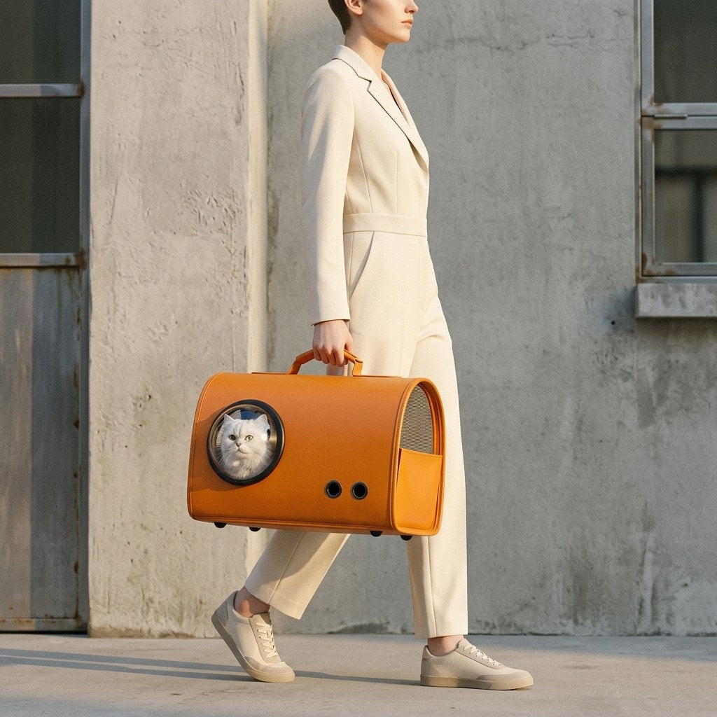 Stylish model carrying a tan luxury leather cat bag on city streets for urban travel - KinduShop