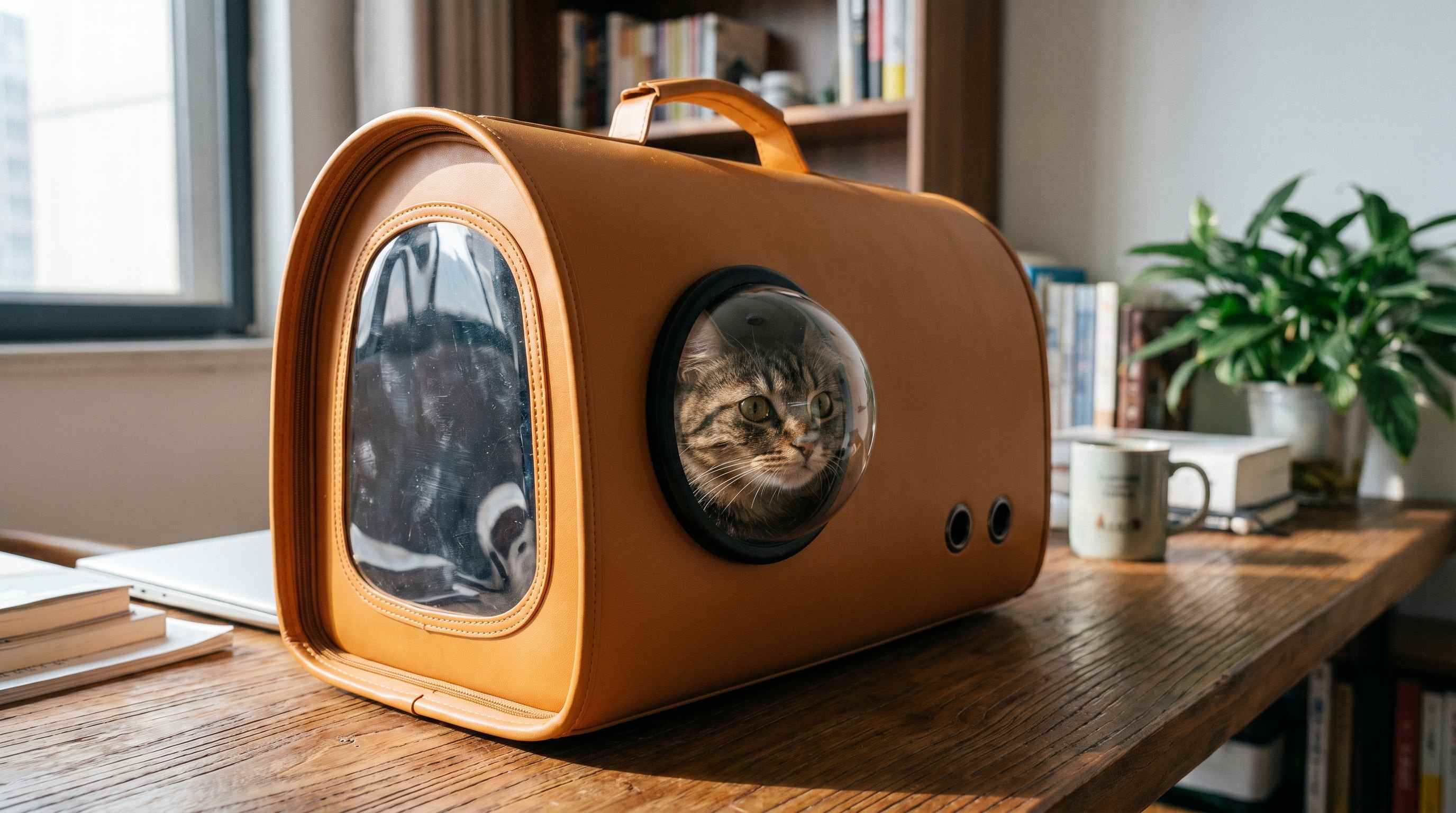 Premium tan leather cat carrier placed on a wooden desk in a cozy home office - KinduShop