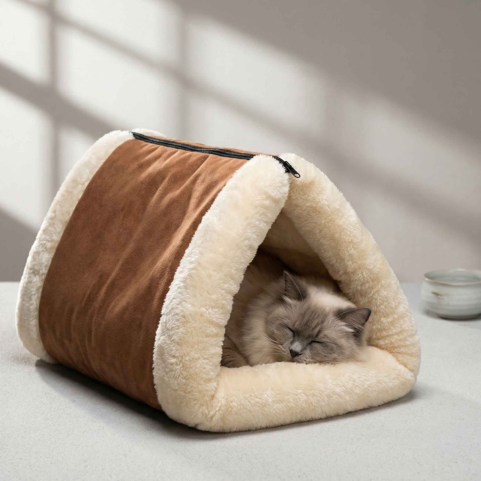 A cat is sleeping in a tunnel bed.