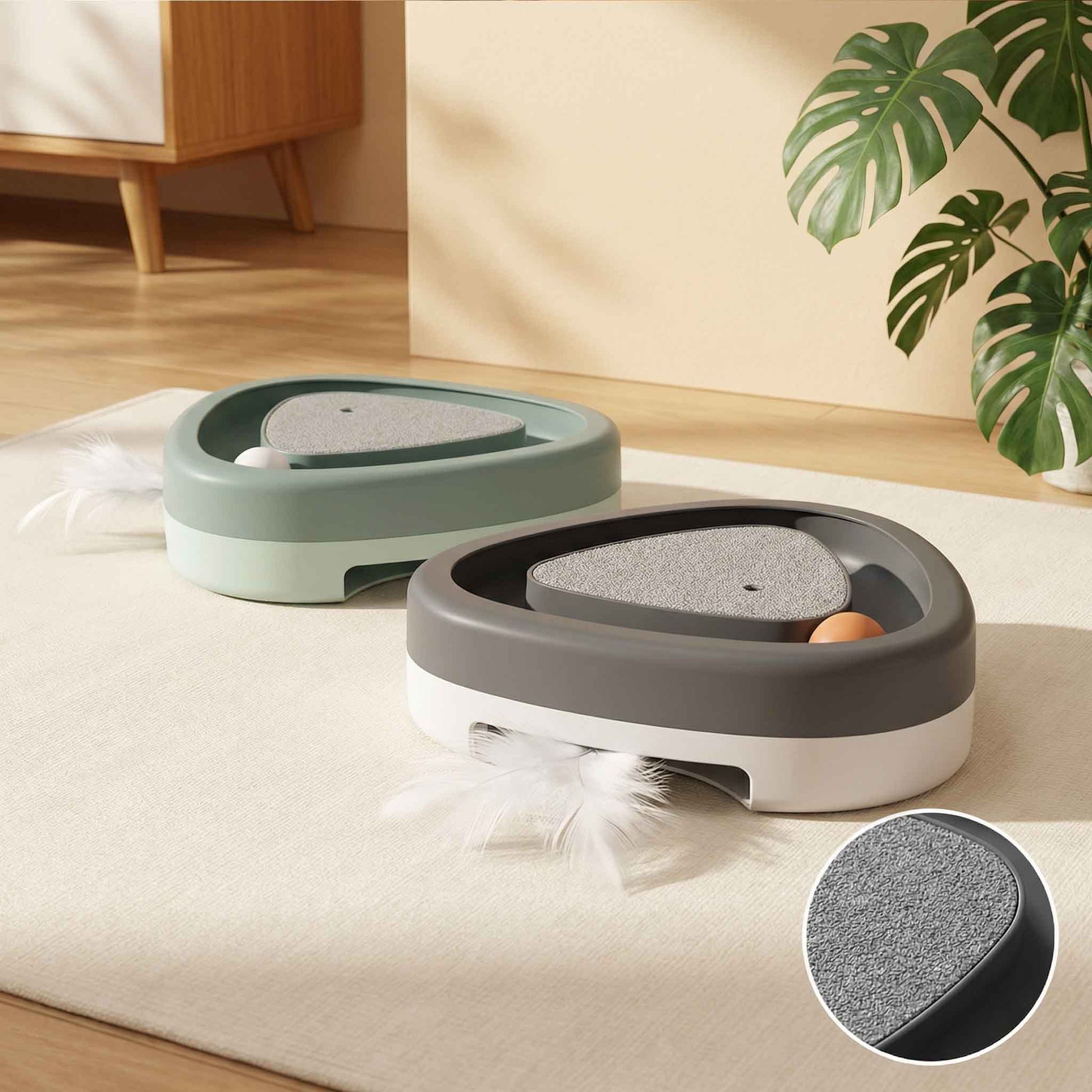 Modern cat toy with feather, ball, and scratch pad on a rug in a bright room