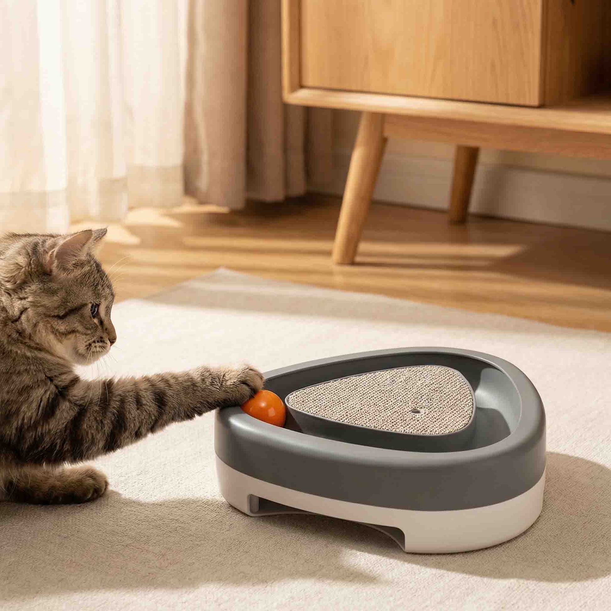 Tabby cat playing with interactive ball toy and scratch pad on a living room rug